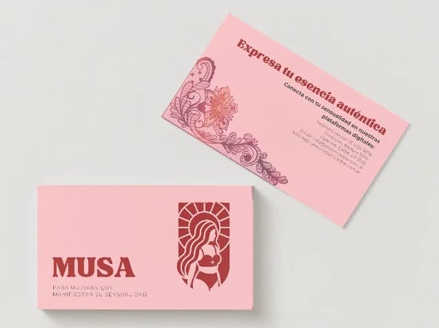 Tarjetas MUSA con el emblema y la frase «Expresa tu esencia auténtica»